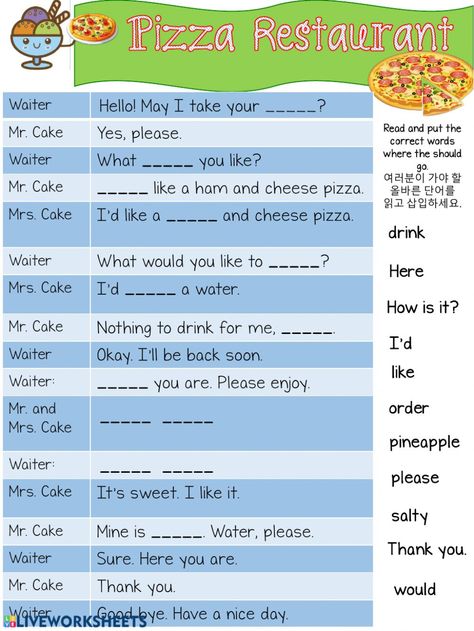 At the restaurant interactive and downloadable worksheet. You can do the exercises online or download the worksheet as pdf. Conversation At The Restaurant, Ordering Food Worksheet, English Flashcards, Teach English To Kids, Travel English, Restaurant Order, Everyday English, Sub Plan, The Worksheet