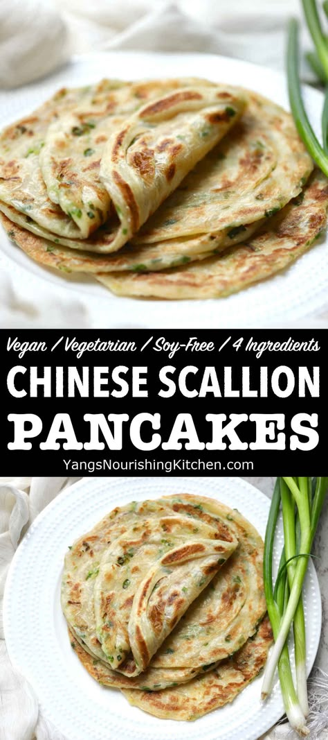 Chinese Scallion Pancakes (葱油饼) Scallion Bread Recipe, Chinese Pancakes Scallion, Onion Pancake Chinese, Easy Scallion Pancakes, Gluten Free Scallion Pancakes, Vegan Scallion Pancakes, Taiwanese Pancake, Steakhouse Desserts, Chinese Flatbread