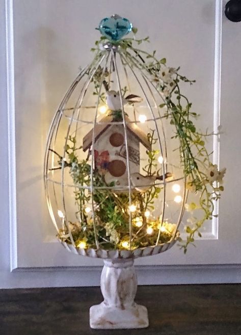 Dollar Tree Crafts & DIY with Instructions! + Freebies! 🥳 | All DT except lights and birds | Facebook Dollar Tree Bird Cage Diy, Diy Decorative Bird Cage, Diy Mini Bird Cage, Bird Cage Lamp Diy, Vintage Bird Cage Decor, Bird Cage Centerpiece Fairy Lights, Birdhouse Craft, Rustic French Country, Fall Decor Dollar Tree