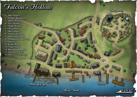 Another map of the town of Falcon's Hollow - Pathfinder - Golarion Fantasy City Maps, World Map Continents, Fantasy Cartography, Pathfinder Maps, Fantasy City Map, Fantasy Map Making, Village Map, Fantasy Village, Dnd World Map