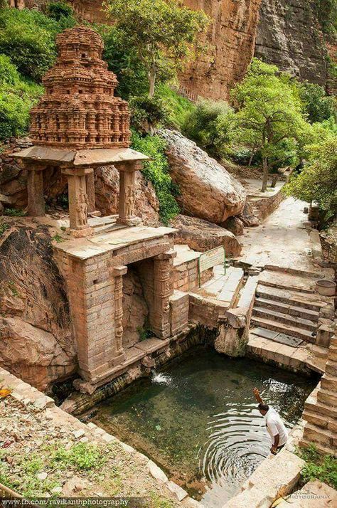 Old pond near an old temple, Yaganti, Andhra Pradesh, India India Honeymoon, Old Temple, India Vacation, India Travel Places, Temple India, Backpacking India, Indian Temple Architecture, Food Tourism, India Architecture