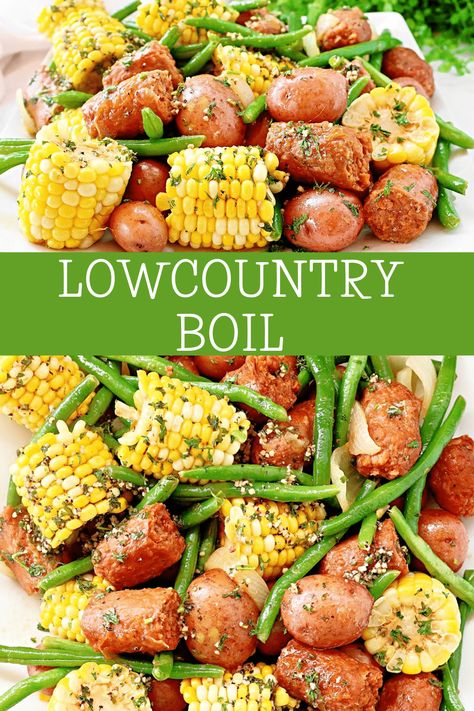 Lowcountry Boil Corn Boil Recipe, Corn And Potato Boil, Southern Green Beans And Potatoes, Sausage Boil, Corn Boil, Sausage Potatoes Green Beans, Camp Hacks, Low Country Boil Recipe, Lowcountry Boil