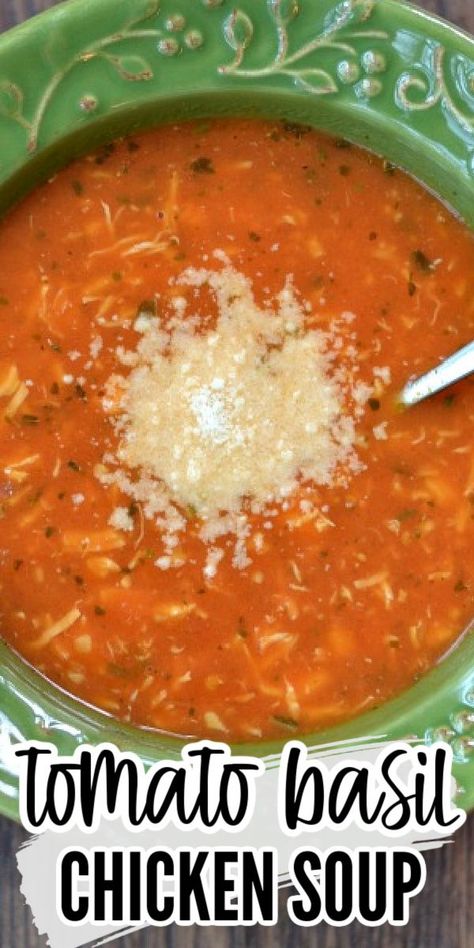 This easy homemade Tomato Chicken soup is loaded with robust flavor using canned tomatoes, basil pesto and chicken stock. It's quick to make in less than 30 minutes for a healthy lunch or dinner idea. #tomatosoup #easy #healthy #tomatochickensoup Tomato Chicken Bouillon, Tomato Chicken Soup Recipes, Smashing Tomato Tomato Basil Chicken Soup, Tomato Based Chicken Soup, Tomato Basil Chicken Soup, Chicken Tomato Soup Recipes, Basil Chicken Soup, Tomato Chicken Soup, Filling Soups