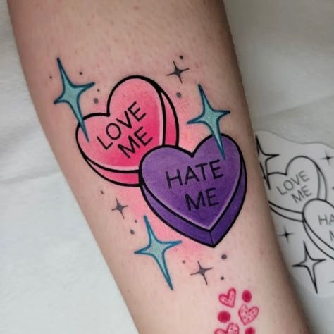 Cute Cupcake Tattoo, Halloween Candy Hearts Tattoo, Traditional Candy Heart Tattoo, Sweetheart Candy Tattoo, Conversation Heart Tattoo, Valentines Tattoo Designs, Candy Hearts Tattoo, Kawaii Tattoo Sleeve, Candy Heart Tattoo