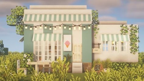 Cute Ice Cream Shop, Minecraft Stores, Shop Minecraft, Minecraft Shops, Cottagecore Minecraft, Rumah Minecraft Sederhana, Minecraft Mansion, Minecraft Interior, Bangunan Minecraft