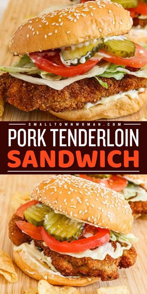 One of the best lunch recipes! It features breaded pork patties in a seasoned cracker crumb topping. Layered on toasted buns with mayonnaise, lettuce, tomato, and pickle, this fried pork tenderloin sandwich is so tasty! It's great as a simple dinner idea, too! Pork Loin Sandwich Recipes, Fried Pork Tenderloin Sandwich, Pork Patties, Breaded Pork Tenderloin, Tenderloin Sandwich, Fried Pork Tenderloin, Pork Chop Sandwiches, Pork Sandwich Recipes, Pork Tenderloin Medallions