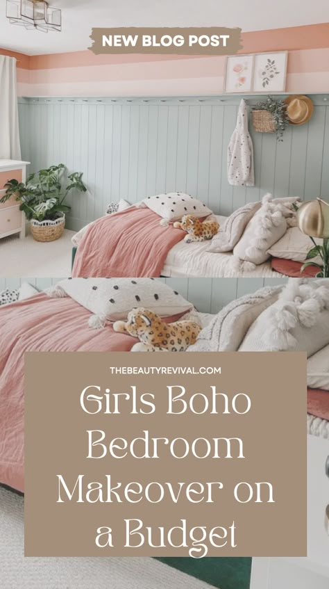 Bedroom Jungle, Boho Girls Bedroom, Girls Boho Bedroom, Dresser Hack, Girls Bedroom Makeover, Johnson House, Painted Stripes, Shiplap Walls, Head Board