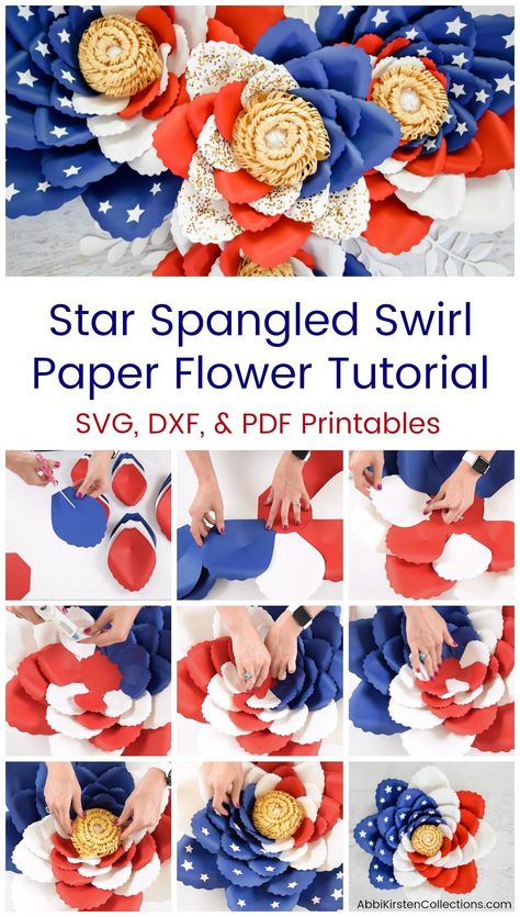 Easy Tutorial for Making Paper Flowers: Giant American Flag Swirl Paper Flowers for July 4th and Memorial Day Craft Deocr. Patriotic Paper Flowers, Paper Flower Instructions, Home Decor Ideas Paper, Making Paper Flowers, Giant Paper Flowers Template, Paper Flower Wall Hanging, Giant Paper Roses, Diy Wedding Planner, Wall Hanging Ideas