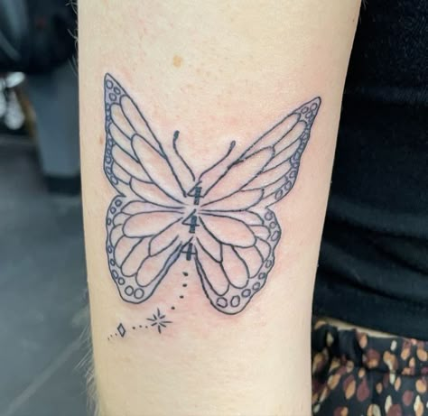 Angel Numbers Butterfly Tattoo, Butterfly Tattoo Numbers, 444 Tattoos With Butterflies, 444 Butterfly Tattoo Ideas, Butterfly With Numbers Tattoo, Butterfly With Angel Number Tattoo, 444 Angel Number Tattoo Ideas, 444 With Butterfly Tattoo, Butterfly 444 Tattoo