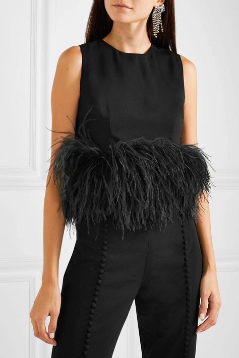 Feather Top, Ostrich Feather Trim, Black Poppy, Crepe Top, Feather Trim, Ostrich Feather, Trim Top, Puff Sleeve Blouse, Ostrich Feathers