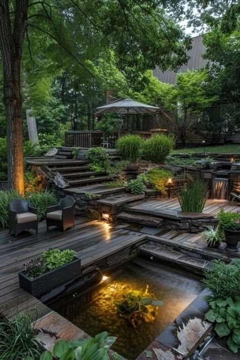 ☾~.~☕️follow me☕️~.~☾ Rose Landscaping, Japan Garden Design, Garden Slope, Amazing Home Office, Japanese Garden Backyard, Place Aesthetic, Landscaping With Roses, Pond Garden, Aesthetic Architecture