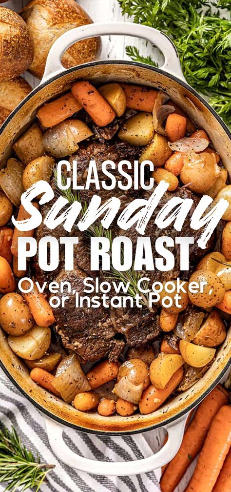 Savor the warmth of a Classic Sunday Pot Roast, a comforting dish that's both simple to prepare and satisfying for the entire family. Whether you prefer the traditional oven braise, the convenience of a slow cooker, or the speed of an Instant Pot, this recipe adapts beautifully to your cooking style. Sunday Roast Instant Pot, Outside Round Roast Recipe Instant Pot, Pot Roast Instant Pot, Basic Pot Roast, Ultimate Slow Cooker Pot Roast, The Best Pot Roast On The Planet, Pot Roast Vegetables, Best Pot Roast, Easy Baked Pork Chops