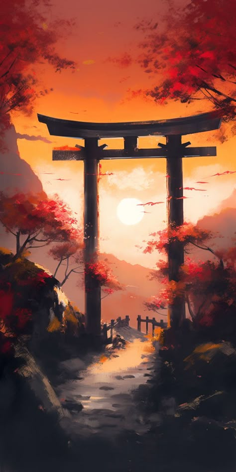 Immerse yourself in this enchanting illustration of a Torii Gate bathed in sunset's warm glow, nestled within a peaceful wooded path. Revel in the harmonious fusion of Japanese culture, Shinto shrines, and nature's splendor, captured in vivid oranges, reds, and yellows. #Nature #ToriiGate #Sunset #Aesthetic #Japan Japanese Gate, Sunset Illustration, Shrines Art, Traditional Japanese Architecture, Japanese Shrine, Japanese Pop Art, Torii Gate, Chinese Landscape Painting, Dreamy Artwork