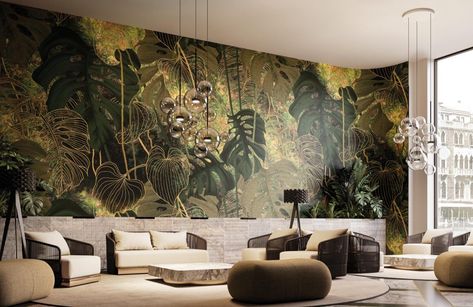 Golden Leaf Wallpaper, Modern Wallpaper Bedroom, Modern Wallpaper Living Room, Golden Wallpaper, Wallpaper Interior, Velvet Wallpaper, Golden Leaf, Bold Wallpaper, Tropical Wallpaper