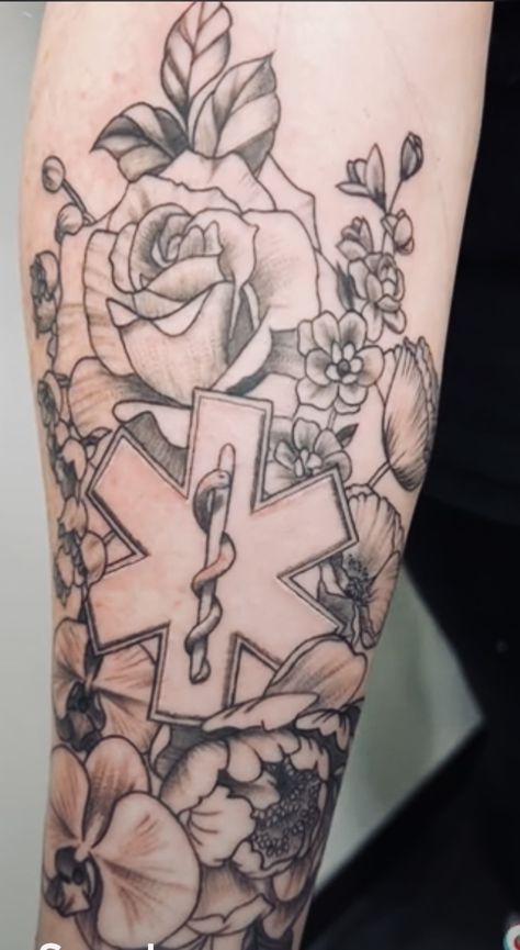 Ems Star Of Life Tattoo, Line Sleeve Tattoos For Women, Hospital Corpsman Tattoo, Emt Tattoos Female, Firefighter Emt Tattoo, Nurse Flower Tattoo, Feminine Firefighter Tattoo, Ems Tattoos For Women, So Others May Live Tattoo Ems