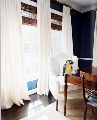 Bamboo Blinds with white sheer curtains, perfect combo Curtains Classic, Bedroom Blinds, Navy Walls, House Blinds, Faux Wood Blinds, Bamboo Blinds, Hunter Douglas, Bamboo Shades, Blue Curtains