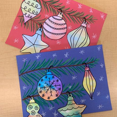 Kindergarten Christmas Art Lessons, Christmas Art Grade 1, Elementary Art Projects Winter, Christmas Ornaments Art, Ornament Shapes, Christmas Art For Kids, Holiday Art Projects, Winter Art Lesson, First Grade Art