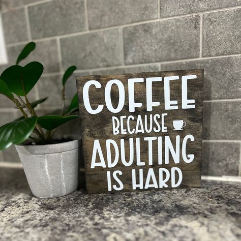 -Approx, 5 1/2 x 5 1/2  -Drink coffee read books be happy -Funny wooden sign -Stands well on its own perfect size for shelf -Stained in Brown Jacobean, Black, or Grey with matte white vinyl lettering Check out other signs to bundle! Need a back to hang? No problem just add in the notes. Coffee Bar Quotes Funny, Coffee Signs Diy, Coffee Themed Kitchen, Funny Coffee Signs, Funny Wooden Signs, Horse Box Conversion, Coffee Theme Kitchen, Coin Café, Funny Wood Signs