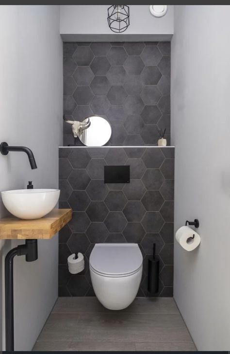 Modern Downstairs Toilet, Small Cloakroom Toilet, Toilet Makeover, Small Toilet Design, Small Downstairs Toilet, Bathroom Under Stairs, Toilet Room Decor, Small Toilet Room, Narrow Bathroom