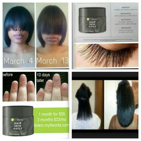 It Works! Hair, Skin and Nails Vitamins Find these at www.thejourneywithjoy.com and click on the tab that says "Skin" Super fast growth with all natural ingredients! See extreme results of healthier, longer and stronger hair within a matter of weeks. Interested in being a distributor? Text #HSN to 573-931-4126 Like us on instagram @thejourneywithjoy #HairGrowth #NaturalHair #HairSkinNails #ItWorks #ItWorksGlobal #HairDressers #HSN Hair Skin And Nails Vitamins, Make Your Hair Thicker, Grow Hair Thicker, It Works Marketing, Grow Thicker Hair, Nail Vitamins, It Works Products, 90 Day Challenge, Vitamins For Hair Growth