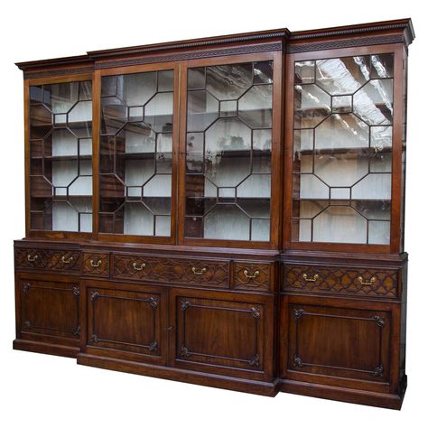 Mahogany Chippendale Period Breakfront Bookcase | From a unique collection of antique and modern bookcases at https://www.1stdibs.com/furniture/storage-case-pieces/bookcases/ Demilune Cabinets, Dental Molding, Mahogany Paneling, Breakfront Bookcase, Mahogany Bookcase, Georgian Furniture, Bookcases For Sale, Antique Furniture For Sale, Adam Style