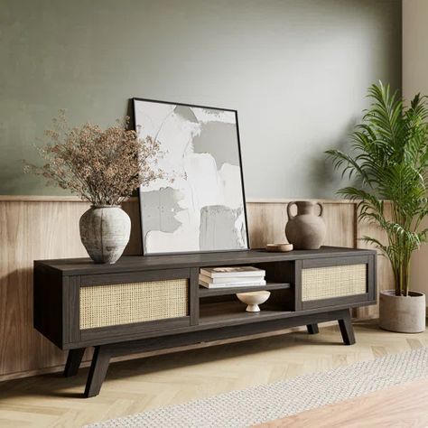 George Oliver Gilus Rattan TV Stand for TVs up to 65" | Wayfair Black Tv Console, Mid Century Modern Media Console, Rattan Tv Stand, Console For Living Room, Modern Media Console, Sliding Door Design, Living Room Setup, Media Furniture, Tv Stands And Entertainment Centers