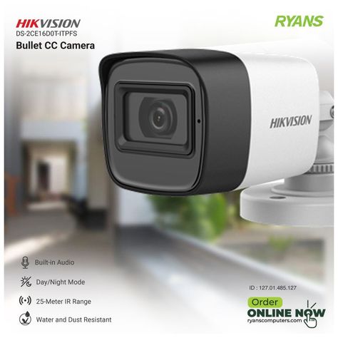 Hikvision DS-2CE16D0T-ITPFS Bullet CC Camera ✅ 2 MP camera with coaxial audio ✅ Enhancing safety with the discreet and economical built-in microphone ✅ Transmits audio over the coaxial cable ✅ EXIR 2.0: advanced infrared technology with 25 m IR distance ✅ Water and dust resistant (IP67 ✅ 1-Year Warranty 🛡 View Details: https://ryans.id/hikvision-ds-2ce16d0t Price Tk 2,000 (check website for latest price) Visit Our Website to Buy Online: 🛒 www.ryanscomputers.com ☎ 24/7 Support +8809604442121 Cc Tv Camera, Iot Security, Cc Camera, Luxury Bag Brands, Ideal Partner, Coaxial Cable, Restaurant Menu Design, Perfume Design, Creative Poster Design