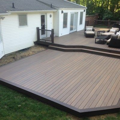 Open Patio Design, Floating Trex Deck Ideas, Trex Deck Ideas Color Schemes Brown, Deck With Different Levels, Low Patio Deck Ground Level, Trex Island Mist Deck, Outdoor Furniture Ideas Backyards, Trex Woodland Brown Deck, Gazebo Patio