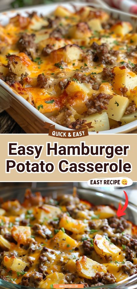 Serve this heartwarming casserole straight from the oven and watch as it becomes a new favorite in your family’s recipe collection. Enjoy the blend of creamy, cheesy goodness with every forkful! #ComfortFoodClassics #FamilyMealIdeas #HeartyCasserole Cheesy Hamburger Casserole Potatoes, Different Meals Dinners, Healthy Dinner Recipes With Potatoes, Bacon Cheeseburger Potato Casserole, Clean Casserole Recipes, Extremely Easy Dinner Recipes, Simple Casseroles For Dinner, Easy Batch Meals, Cowboy Potato Casserole