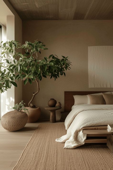 37+ Earthy Modern Bedroom Ideas to Make You Feel Grounded Green And Walnut Bedroom, Earthy Luxury Bedroom, Natural Interior Design Earth, Natural Minimalist Home, Earth Tones Bedroom, Minimalistic Furniture, Bloxburg Bedroom, Earthy Modern, Japandi Bedroom