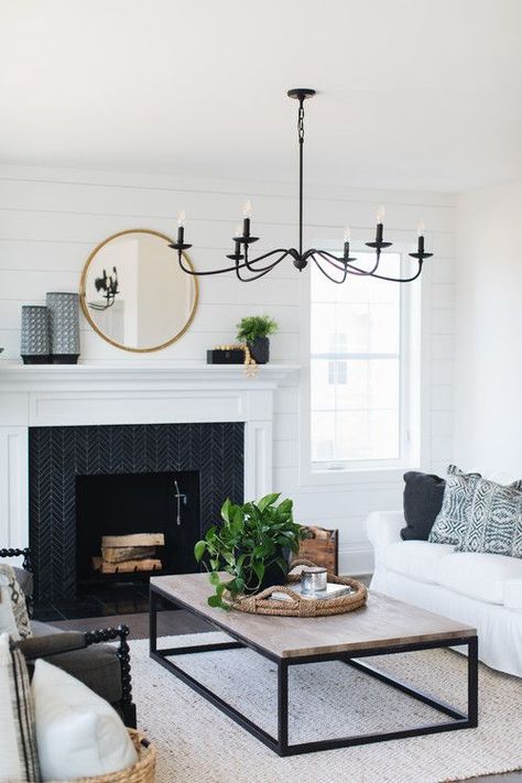 Modern Farmhouse Family Room with Shiplap Feature Wall Black Chandelier Living Room, Modern Farmhouse Family Room, Fun Living Room, Farmhouse Family Rooms, Houses Architecture, Fun Room, Furnitur Ruang Keluarga, Best Living Room Design, Rooms Ideas