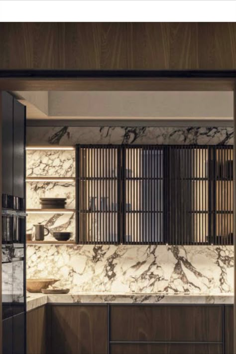 Glass cabinet doors with black vertical profiles. Ribbed Glass Cabinet Doors, Kitchen With Black Glass Cabinets, Ribbed Glass Kitchen Cabinets, Reeded Glass Kitchen Cabinets, Glass Cabinets Kitchen Modern, Fluted Glass Kitchen Cabinets, Kitchen Cabinet Glass Door Ideas, Cabinet Glass Door Ideas, Ribbed Glass Cabinet