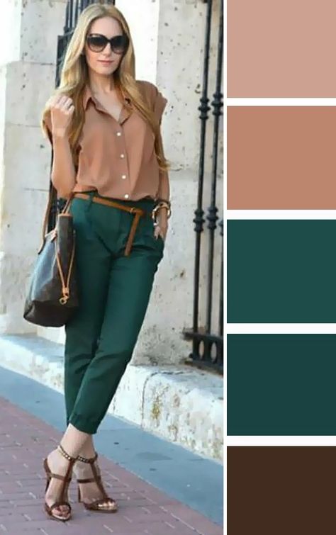 Green Palette Outfit, Fall Colors Summer Outfit, Jade Green Outfit Color Combos, Green Complimentary Colors Outfit, What Colors Go With Green Outfits, Outfits With Teal Pants, Green Colour Outfit, Dark Green Combination Outfit, Dark Green Outfit Color Combos