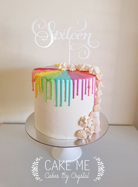 Rainbow Drip Cake, Birthday Cake Drip Icing, White Cake With Rainbow, Rainbow Two Tier Cake, Pastel Rainbow Drip Cake, Rainbow Cake With Candy On Top, Rainbow Cake Recipe, Drop Cake, Circle Cake