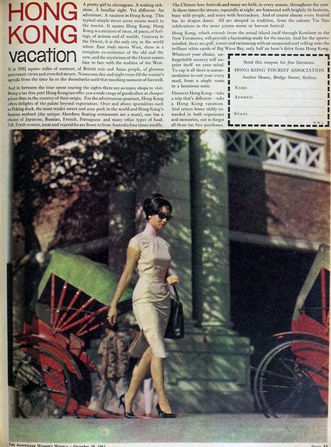 Modern fashion mags strip womens' dignity. Classic fashion restores it. Hong Kong vacation, 1962 1960s Chinese Fashion, Vintage Asian Fashion, History Of Hong Kong, Hong Kong Fashion, Shanghai Tang, Qi Pao, Old Shanghai, Chinese Qipao, Chinese Traditional Costume