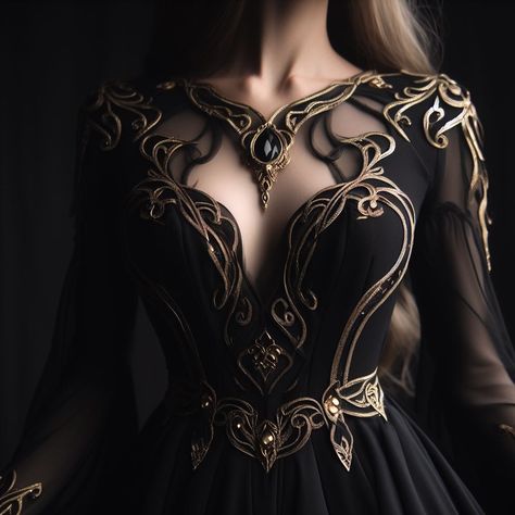 Black And Gold Dress Aesthetic, Acotar Gowns, Black Royal Dress, Night Court Dress, Acotar Outfits, Dark Fantasy Dress, Acotar Dress, Dark Romantic Outfit, Dark Queen Dress