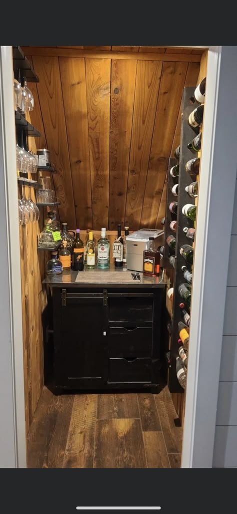 Under Stairs Closet Bar Ideas, Under Stairs Speakeasy, Under Stair Bar Basement, Liquor Closet Under Stairs, Under Stair Liquor Storage, Under Stairwell Pantry, Bourbon Closet Ideas, Under The Stairs Bar Ideas, Under Stair Wine Cellar