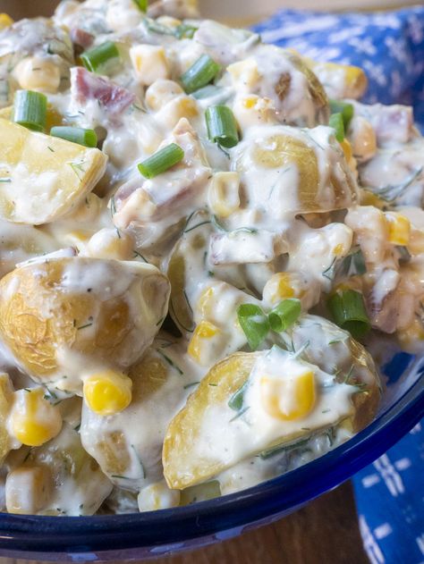 Earl’s Warm Potato Salad | 12 Tomatoes Earls Warm Potato Salad, Bacon And Corn, Warm Potato Salad, Warm Potato Salads, Gluten Free Milk, 12 Tomatoes Recipes, Prepared Horseradish, 12 Tomatoes, Grain Free Recipes