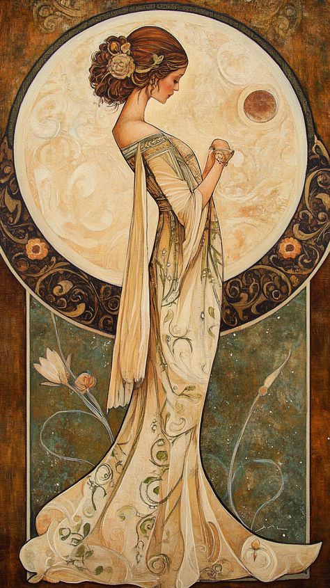 Elegant Virgo woman illustrated in Mark Spain's signature style, capturing her analytical nature and grace with a touch of surreal beauty and ethereal elegance. Art Nouveau Astrology, Virgo Art Illustration, Virgo Art Goddesses, Zodiac Energy, Virgo Aesthetic, Virgo Goddess, Surreal Beauty, Goddess Clothing, Art Nouveau Mucha