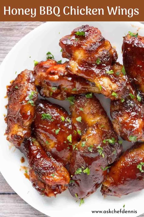 Honey Barbecue Chicken Wings | Chef Dennis Honey Barbecue Chicken Wings, Honey Bbq Wings Recipe, Honey Barbecue Chicken, Honey Sriracha Chicken Wings, Bbq Wings Recipe, Air Fryer Recipes Chicken Wings, Honey Bbq Chicken Wings, Bbq Chicken Wings Recipe, Wings Recipe Baked