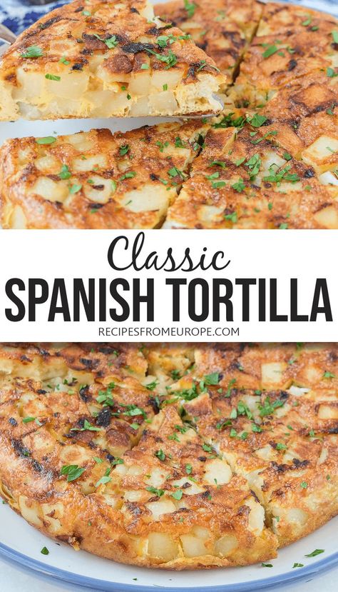 Want to make a tasty Spanish omelette? This classic Spanish tortilla recipe is easy to follow and make a tasty, simple potato dish that can be enjoyed hot or cold! #spanishrecipes #potatorecipes Spanish Potato Omelet, Easy Tortilla Recipe, Spanish Tortilla Recipe, Potato Frittata Recipes, Omlet Recipes, Omelette Recipe Easy, Spanish Tortilla, Spanish Omelette, Omelette Recipe