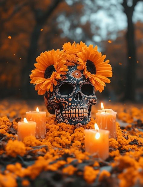 Dia De Los Muertos Skull Ideas, Day Of The Dead Wallpaper Iphone, Day Of The Dead Photography, Day Of The Dead Marigolds, Day Of The Dead Aesthetic, Day Of The Dead Wallpaper, Halloween Imagenes, Day Of The Dead Flowers, Sunflower Halloween