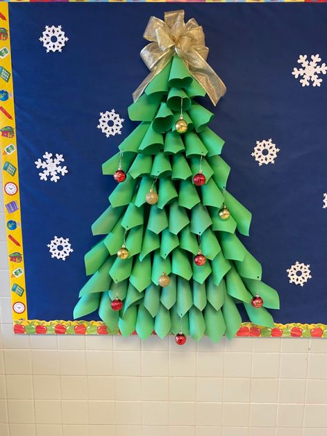 Christmas Trees For Bulletin Boards, Easy Christmas Tree Bulletin Board, 3d Christmas Bulletin Boards, Christmas Tree Out Of Construction Paper, Christmas Tree Boards Bulletin, Christmas Decor Ideas Bulletin Board, Christmas Decorations For The Classroom, Christmas Tree Bulletin Board Preschool, Christmas Tree For Bulletin Board