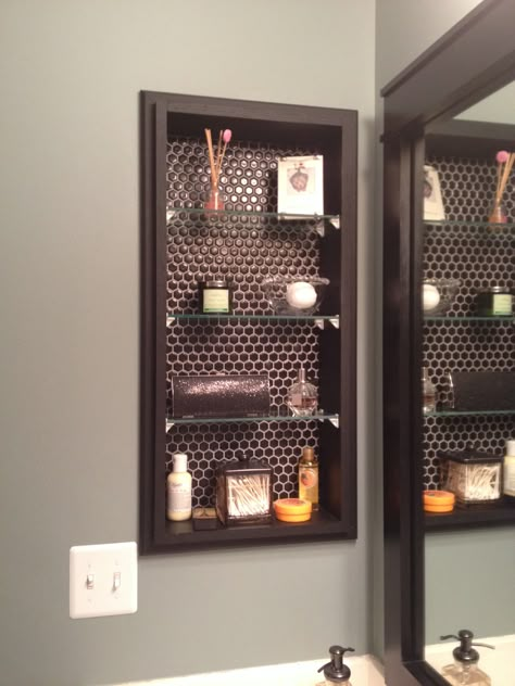 glass shelving to replace medicine cabinet; black hex tile backing Replace Medicine Cabinet, Medicine Cabinet Makeover, Recessed Shelves, Glass Shelving, Best Kitchen Design, Shelves Floating, Shelves Ideas, Hex Tile, Kitchen Glass