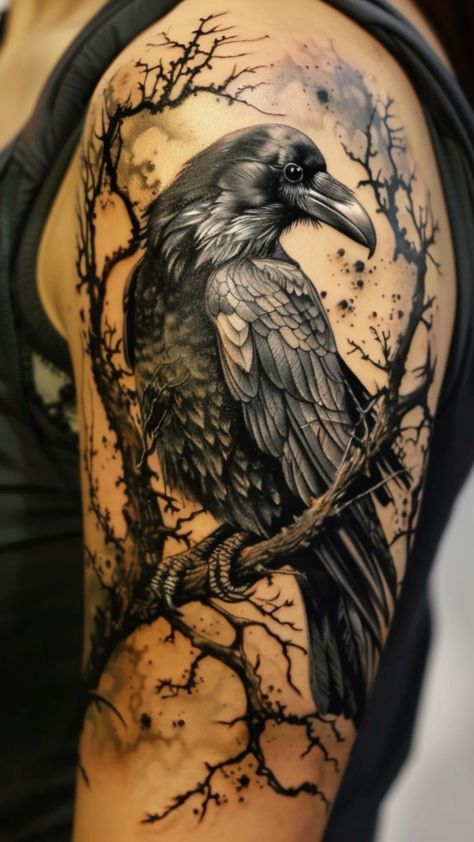 Crow Moon Tattoo, Witchy Raven Tattoo, Crow Tattoos For Women, Someday Tattoo, Black Crow Tattoos, Crow Tattoos, Raven Tattoos, Crow Tattoo Design, Oni Tattoo