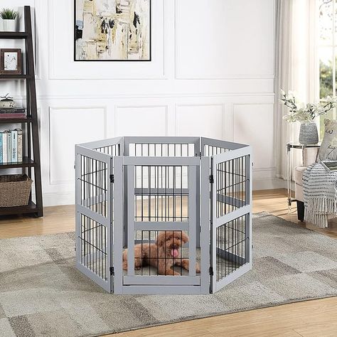 unipaws Pet Playpen with Wood and Wire, 6 Panels Extra Wide Freestanding Walk Through Dog Gate with 4 Support Feet, Foldable Stairs Barrier Pet Exercise Pen for Dogs Cats Foldable Stairs, Rabbit Pen, Dog Barrier, Cat Pen, Tallest Dog, Pet Playpen, Baby Gate, Indoor Dog, Dog Gate