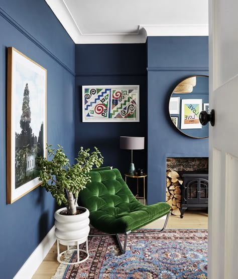 Mid Blue Living Room, Dark Blue Snug, Stiffkey Blue Living Rooms, Blue Feature Wall Living Room, Mexico Bedroom, Blue Walls Living Room, Living Room Hardwood Floors, Midcentury Modern Style, Navy Living Rooms