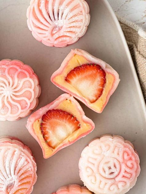 Strawberry Snow Skin Mooncakes - Catherine Zhang Mooncake Recipe, Chinese Candy, Glutinous Rice Flour, Coconut Custard, Baked Strawberries, Custard Filling, Glutinous Rice, Mooncake, Mid Autumn