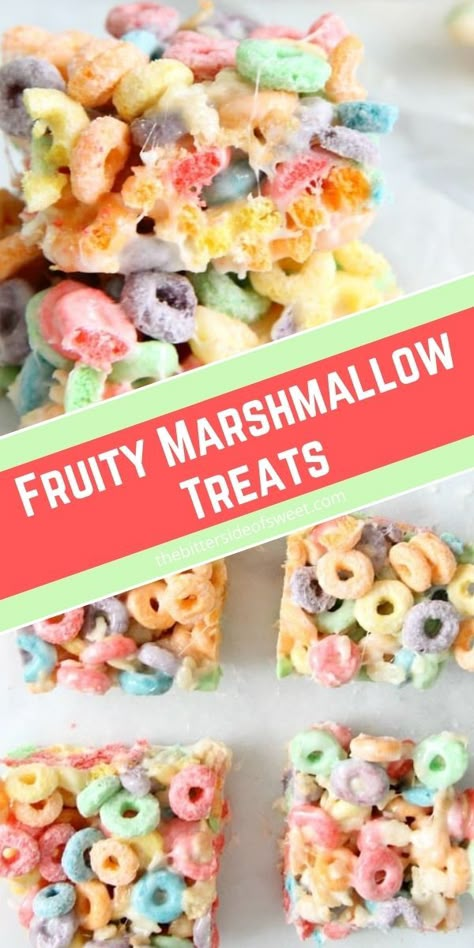 Fruity Marshmallow Treats is the perfect ooey gooey treat! Made with your favorite version of cereal and lots of buttery marshmallow goodness! | The Bitter Side of Sweet Cereal And Marshmallow Treats, Sweets To Sell, Marshmellow Treats, Marshmallow Treats Recipe, Cereal Bars Recipes, Bake Sale Treats, Grill Dessert, Marshmallow Bars, Smores Dessert