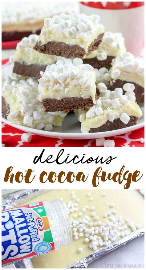 Make some hot cocoa fudge for the winter time or christmas! Fun fudge recipe to bring to parties. Hot chocolate fudge idea. Little marshmallows make these adorable to put on a plate. Winter christmas dessert idea #hotcocoa #hotchocolate #fudge #chocolatefudge #fudgerecipes #chocolatedesserts #chocolaterecipes #craftymorning Cocoa Fudge Recipe, Hot Cocoa Fudge, Cocoa Fudge, Fudge Dessert, Hot Chocolate Fudge, Homemade Fudge Recipes, Christmas Fudge, Fudge Recipes Easy, Homemade Fudge